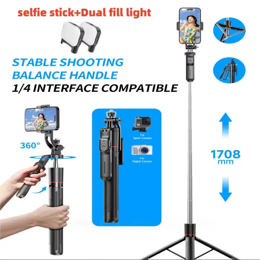 MEUYAG Selfie Stick Tripod 1708mm Long Monopod with Fill Light Bluetooth Remote 360° Rotation 1/4 Interface for Mobile Phones