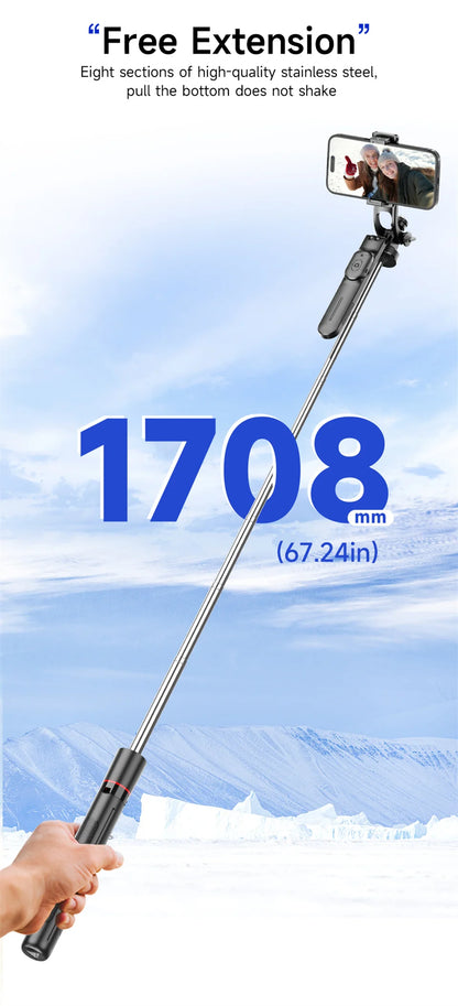 MEUYAG Selfie Stick Tripod 1708mm Long Monopod with Fill Light Bluetooth Remote 360° Rotation 1/4 Interface for Mobile Phones