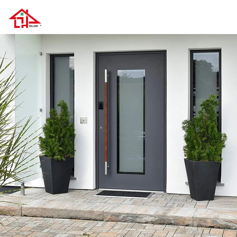 Modern Aluminum Front Door with Frosted Glass, High-Security Exterior Entry Door, Custom Design for Residential Villa