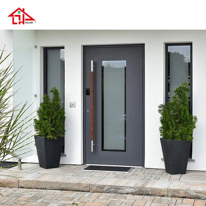 Modern Aluminum Front Door with Frosted Glass, High-Security Exterior Entry Door, Custom Design for Residential Villa