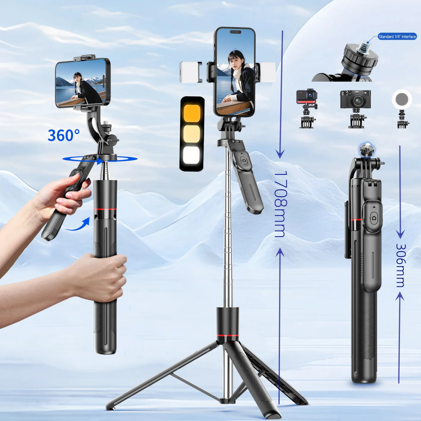 MEUYAG Selfie Stick Tripod 1708mm Long Monopod with Fill Light Bluetooth Remote 360° Rotation 1/4 Interface for Mobile Phones